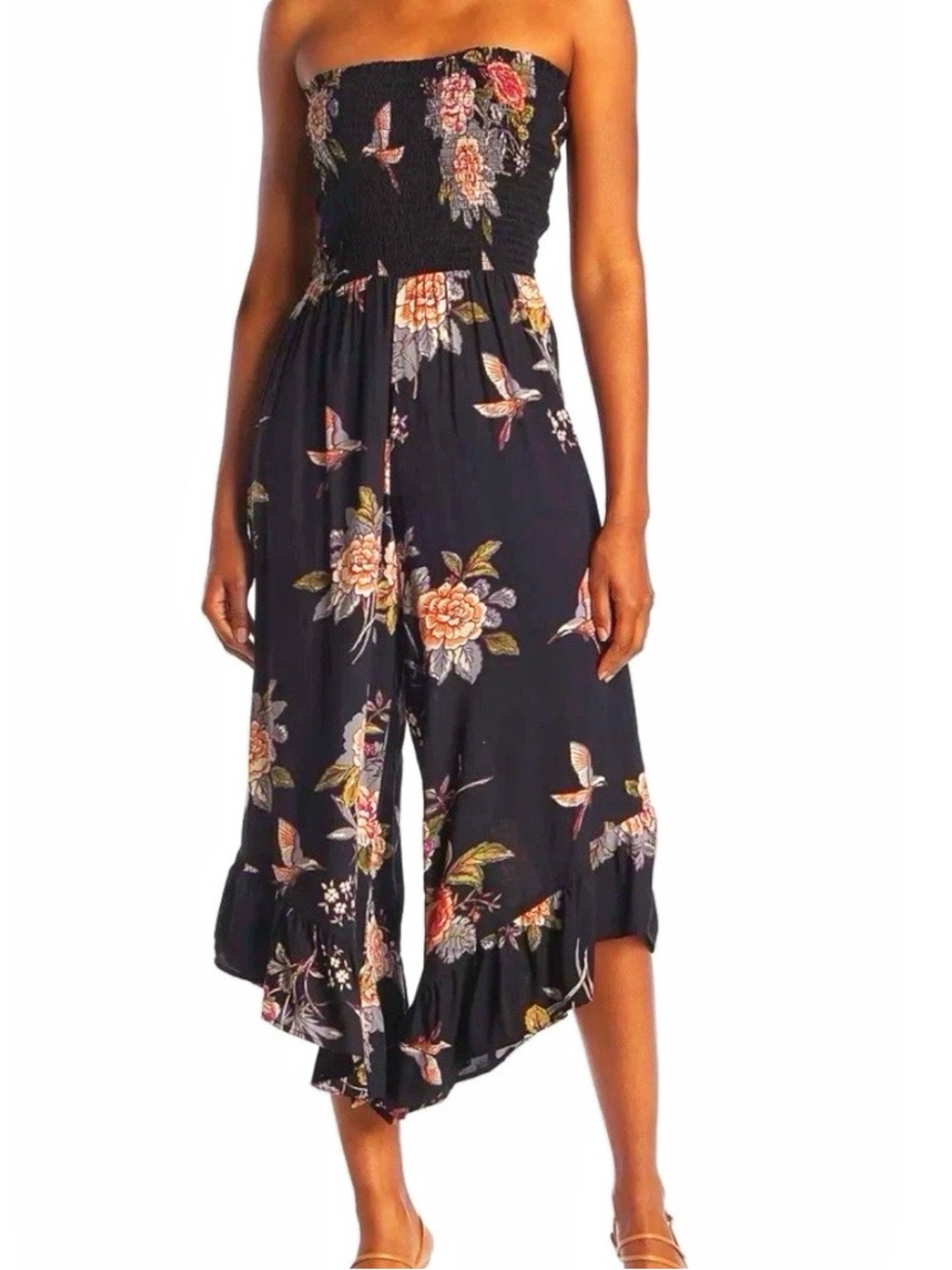 ANGIE Bohemian Bodice Strapless Smocked Flowy Wide Leg Floral Print Jumpsuit S